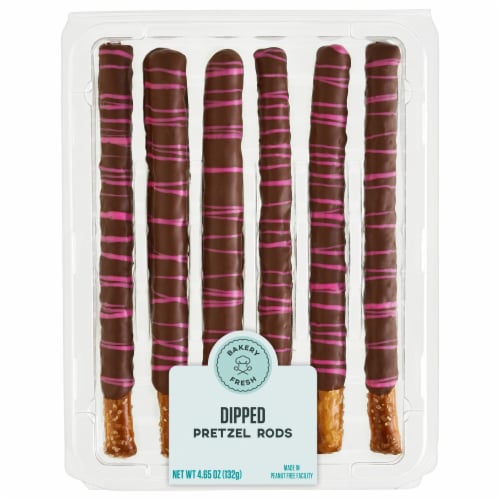 Bakery Fresh Valentine's Day Milk Chocolate Dipped Pretzel Rods With Pink Drizzle Perspective: front