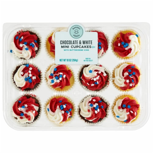 Bakery Fresh Patriotic Chocolate & White Mini Cupcakes with Buttercreme Icing Perspective: front