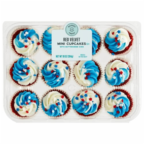 Bakery Fresh Patriotic Red Velvet Mini Cupcakes with Buttercreme Icing Perspective: front
