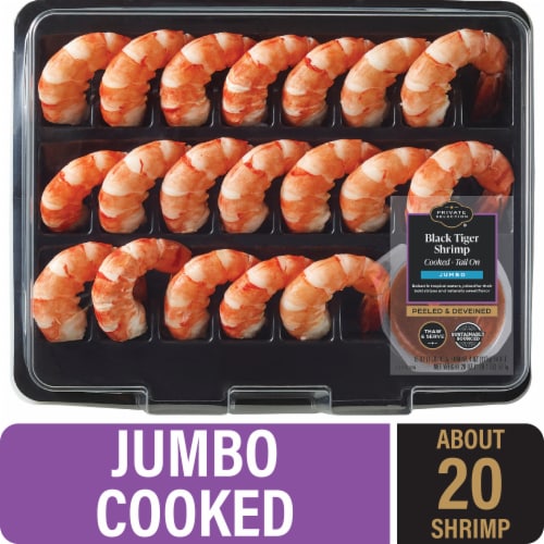 Private Selection® Cooked Jumbo Black Tiger Shrimp Peeled & Deveined Tail On with Cocktail Sauce Perspective: front