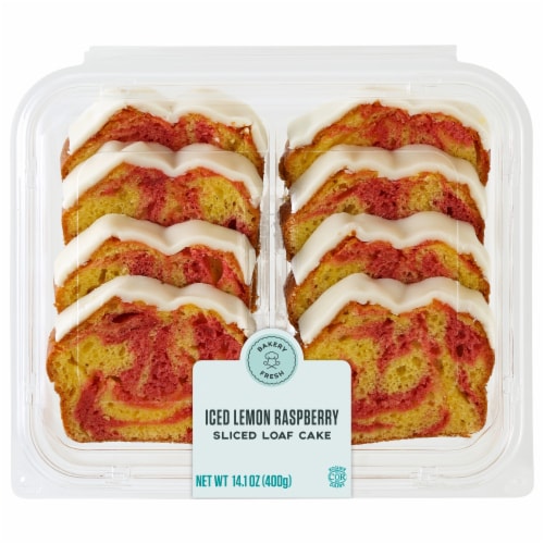 Bakery Fresh Iced Lemon Raspberry Sliced Loaf Cake Perspective: front