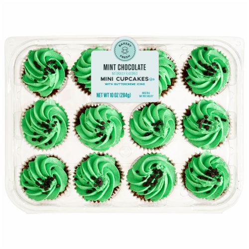 Bakery Fresh Mint Chocolate Mini Cupcakes with Buttercreme Icing Perspective: front