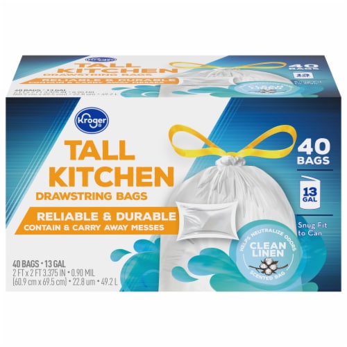 Kroger® Tall Kitchen Clean Linen Scented 13 Gallon Drawstring Trash Bags Perspective: front
