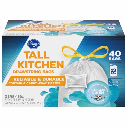Kroger® Tall Kitchen Clean Linen Scented 13 Gallon Drawstring Bags Perspective: front