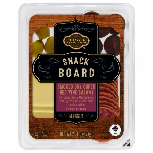 Private Selections® Red Wine Salami Gouda Green Olives and Chocolate Wafers Snack Board Perspective: front
