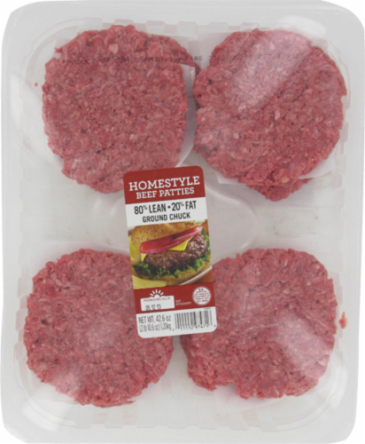 Homestyle Ground Chuck Beef Patties 80% Lean 20% Fat Perspective: front