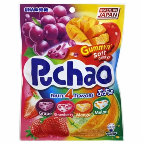 Puchao Grape Strawberry Mango & Melon Flavored Gummyn' Soft Candy Perspective: front