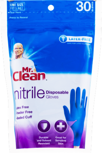 Butler Home Products 243061 NIT Mr. Clean 30 Count Disposable Nitrile Gloves - One Size Fits Perspective: front