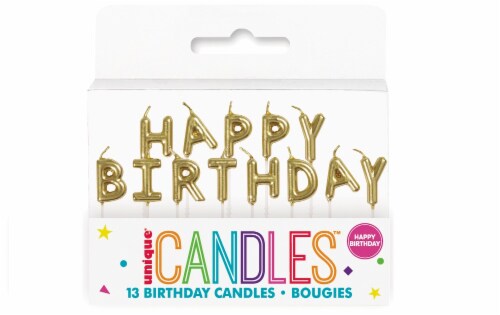 Unique® Pick Candles Happy Bday Gold Letters Perspective: front