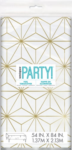 Unique® Party™Foil Tablecloth Modern White/Gold 54 in x 84 in Perspective: front