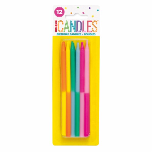 Unique® Birthday Candles Assorted Two Tone Colors 12 ct 5" Perspective: front