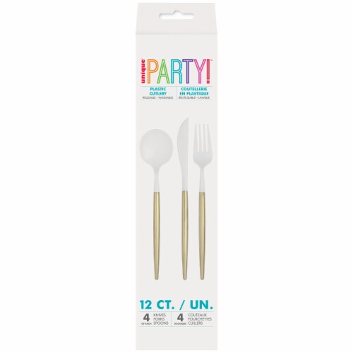 Unique® Party™ Two Tone Plastic Cutlery Set - Gold/White Perspective: front