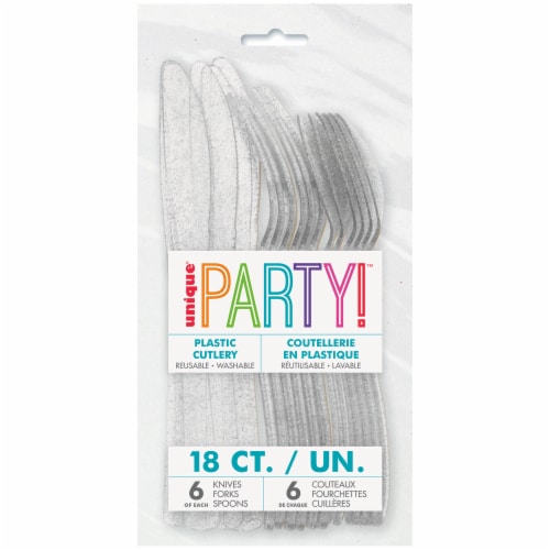 Unique® Party!™ Silver Glitter Plastic Cutlery Assortment Perspective: front