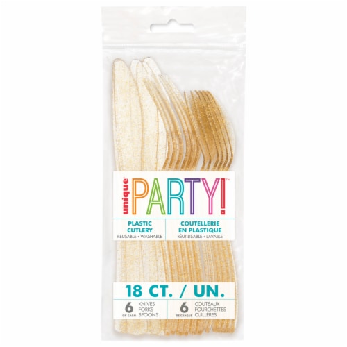 Unique® Plastic Cutlery Gold 18 pc Perspective: front