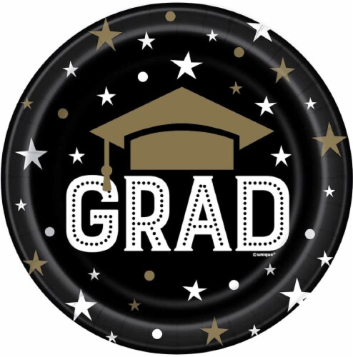 Unique Graduation Party Plates 8 Pack - Black/Gold Perspective: front