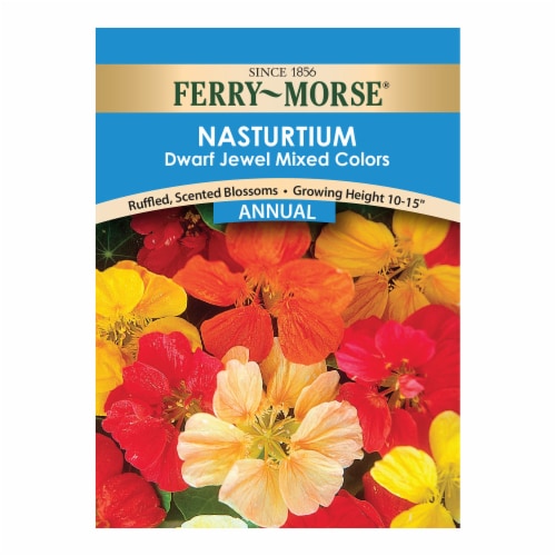 Ferry-Morse® Dwarf Jewel Mixed Color Nasturtium Seed Packet Perspective: front