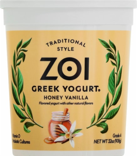 Zoi Honey Vanilla Whole Milk Greek Yogurt Tub Perspective: front