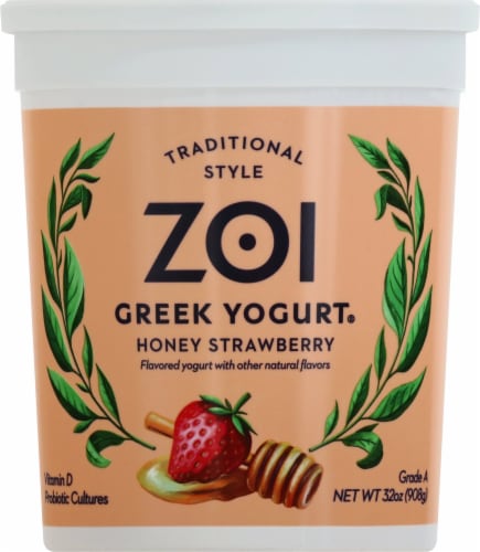 Zoi Honey Strawberry Whole Milk Greek Yogurt® Tub Perspective: front