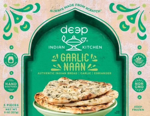 Deep Indian Kitchen Garlic Naan Vegetarian Frozen Indian Bread Perspective: front