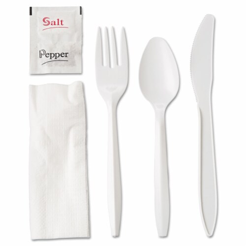 White Plastic Fork/Knife/Spoon/Napkin/Salt/Pepper Wrapped Cutlery Kit (250 per Carton) White Plastic Fork/Knife/Spoon/Napkin/Salt/Pepper Wrapped Cutlery Kit (250 per Carton)