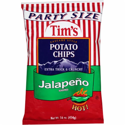 Tim's Cascade Style Hot Jalapeno Seasoned Potato Chips Party Size Perspective: front