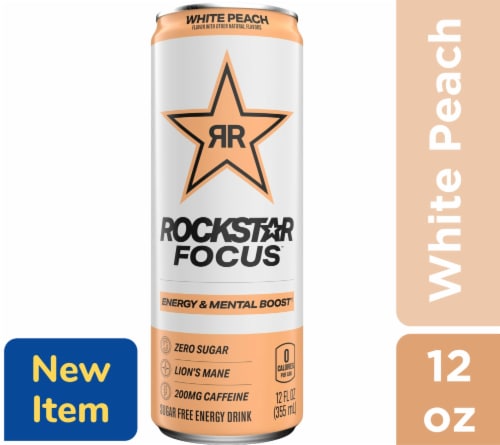Rockstar® Focus Sugar Free White Peach Energy Drink Can Perspective: front