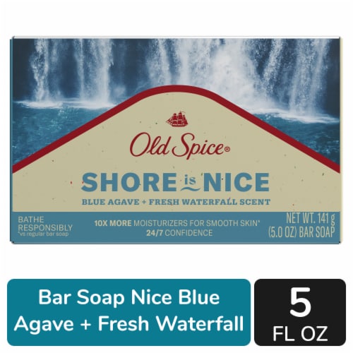 Old Spice Bar Soap Shore with Is Nice Blue Agave + Fresh Waterfall Perspective: front