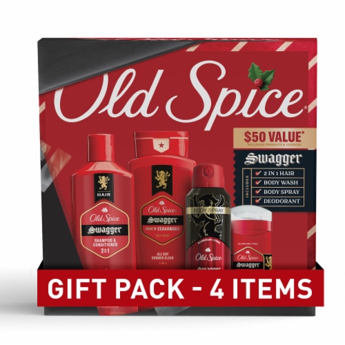 Old Spice Holiday Gift Set for Men, Swagger, Body Wash, AF Deo, Body Spray, & 2n1 Shampoo, 4-Pack Perspective: front