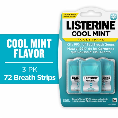 Listerine Pocketpaks Cool Mint Flavor Portable Breath Strips for Bad Breath On-the-Go Perspective: front