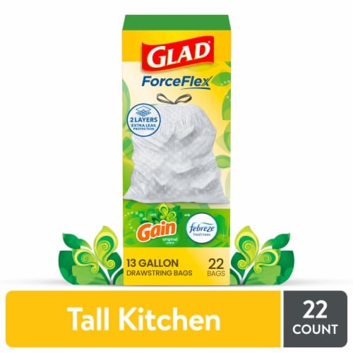 Glad ForceFlex Tall Kitchen Drawstring Trash Bags, 13 Gallon, Gain Scent  with Febreze, 22 Count