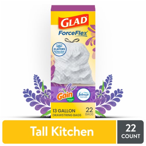 Glad ForceFlex Tall Kitchen Drawstring Trash Bags, 13 Gallon, Gain Scent  with Febreze, 22 Count