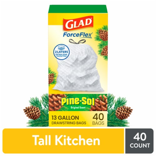 Glad ForceFlex Pine-Sol Original Scent Tall Kitchen Drawstring Trash Bags Perspective: front