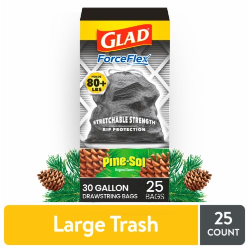Glad ForceFlex Drawstring Large Trash Bags Guaranteed Strong With Pine-Sol Original Scent 30 Gallon Perspective: front