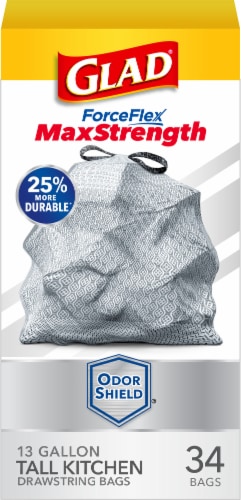 Glad ForceFlex MaxStrength OdorShield Tall Kitchen Drawstring Trash Bags 13 Gallon Perspective: front