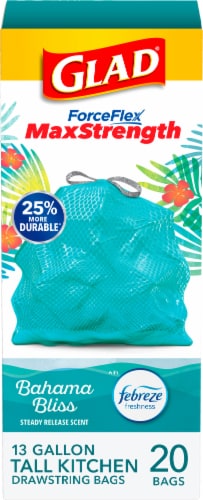 Glad ForceFlex MaxStrength Drawstring Bahama Bliss Scented Tall Kitchen Trash Bags 13 Gallon Perspective: front