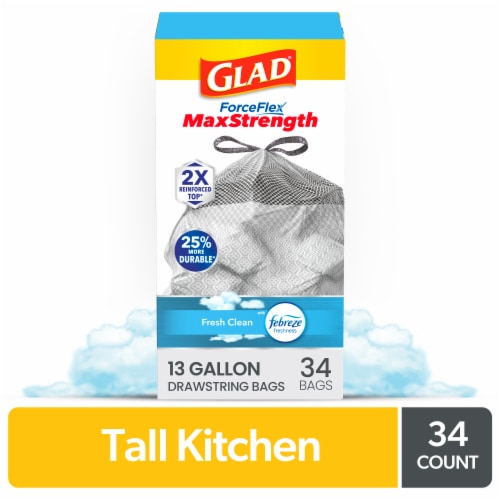 Glad ForceFlex MaxStrength with Febreze Fresh Clean Scent Extra Large  Kitchen Drawstring Trash Bags, 30 ct - Kroger