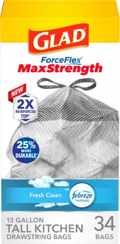 Glad ForceFlex MaxStrength with Febreze Fresh Clean Scent Tall Kitchen Drawstring Trash Bags Perspective: front