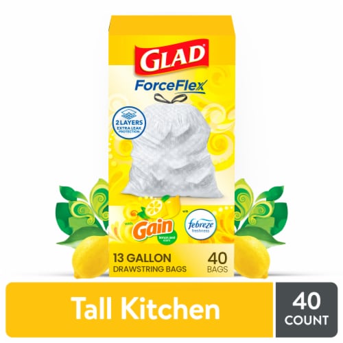 Glad ForceFlex Drawstring Tall Kitchen Trash Bags Gain Lemon Zest Scent With Febreze 13 Gallon Perspective: front