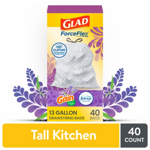 Glad ForceFlex with Febreze Gain Lavender Scent Tall Kitchen Drawstring Trash  Bags, 40 ct - Pay Less Super Markets