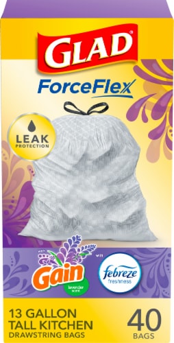 Glad ForceFlex with Febreze Gain Lavender Scent Tall Kitchen Drawstring Trash Bags Perspective: front