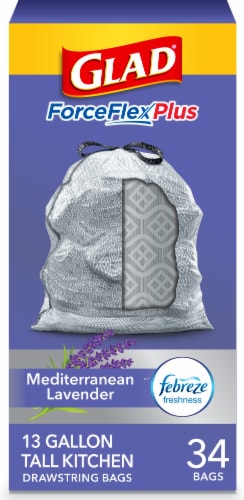 Glad ForceFlexPlus Tall Kitchen Drawstring Lavender with Febreze Trash Bags Perspective: front