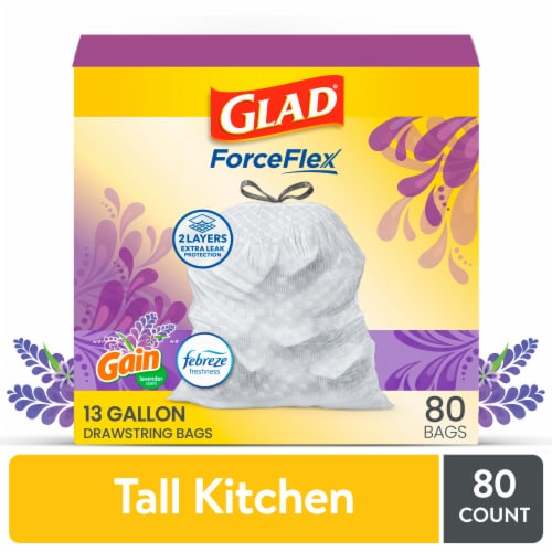 Glad ForceFlex with Febreze Gain Lavender Scent Tall Kitchen Drawstring Trash Bags Perspective: front