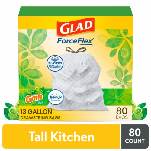 Glad ForceFlex with Febreze Gain Original Scent Tall Kitchen Drawstring Trash Bags Perspective: front