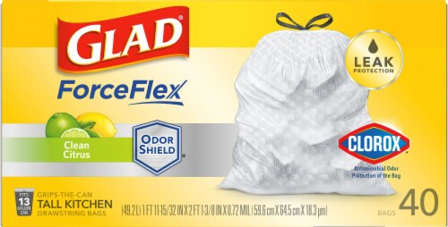Glad Clorox Antimicrobial Odor Protection Clean Citrus Tall 13 Gallon Kitchen Drawstring Trash Bags Perspective: front