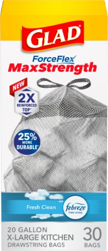 Glad ForceFlex MaxStrength X-Large Kitchen Drawstring Trash Bags, 20  Gallon, Fresh Clean Scent with Febreze Freshness, 80 Count