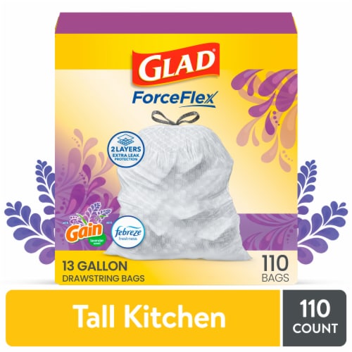 Glad ForceFlex with Febreze Gain Lavender Scent Tall Kitchen Drawstring Trash Bags Perspective: front
