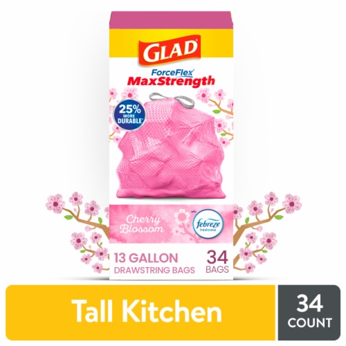 Glad ForceFlex MaxStrength with Febreze Cherry Blossom Scent Tall Kitchen Drawstring Trash Bags