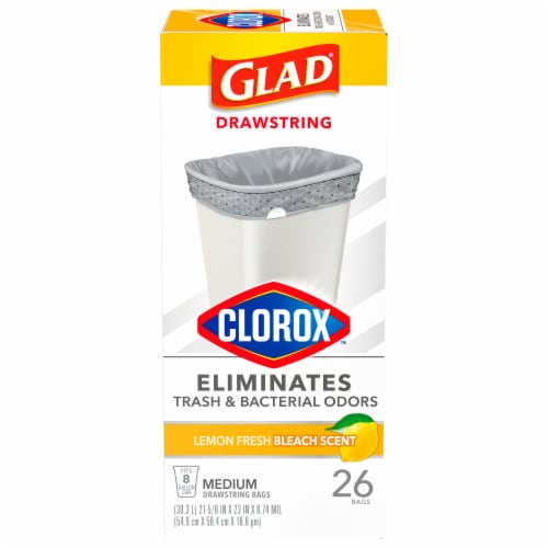 Glad Small Drawstring Trash Bags with Clorox, 4 Gallon, Lemon Fresh Bleach Scent - 20 ct