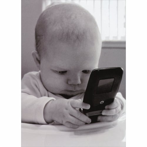 Avanti Baby With Cell Phone Funny Birthday Card Perspective: front