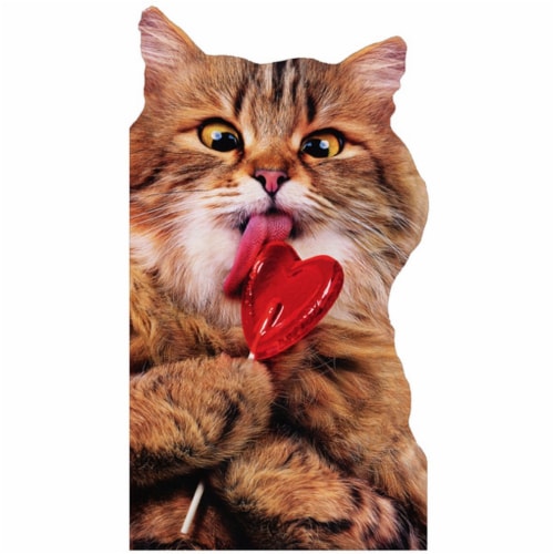 Avanti Cat With Heart Lollipop Little Big Funny Die Cut Valentine's Day Card Perspective: front